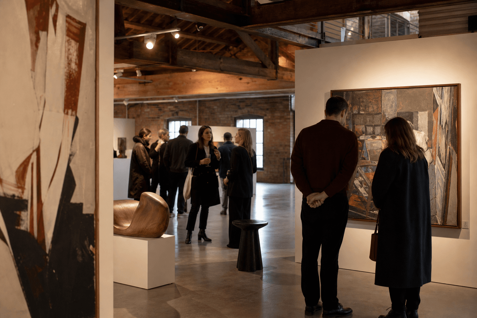 Collectors viewing paintings and sculpture in a warm brick art-market hall