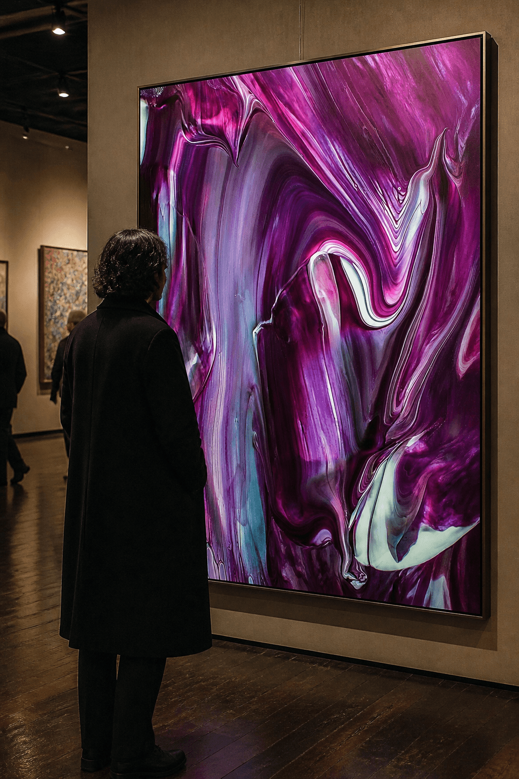 Visitor examining a large abstract painting at an art market