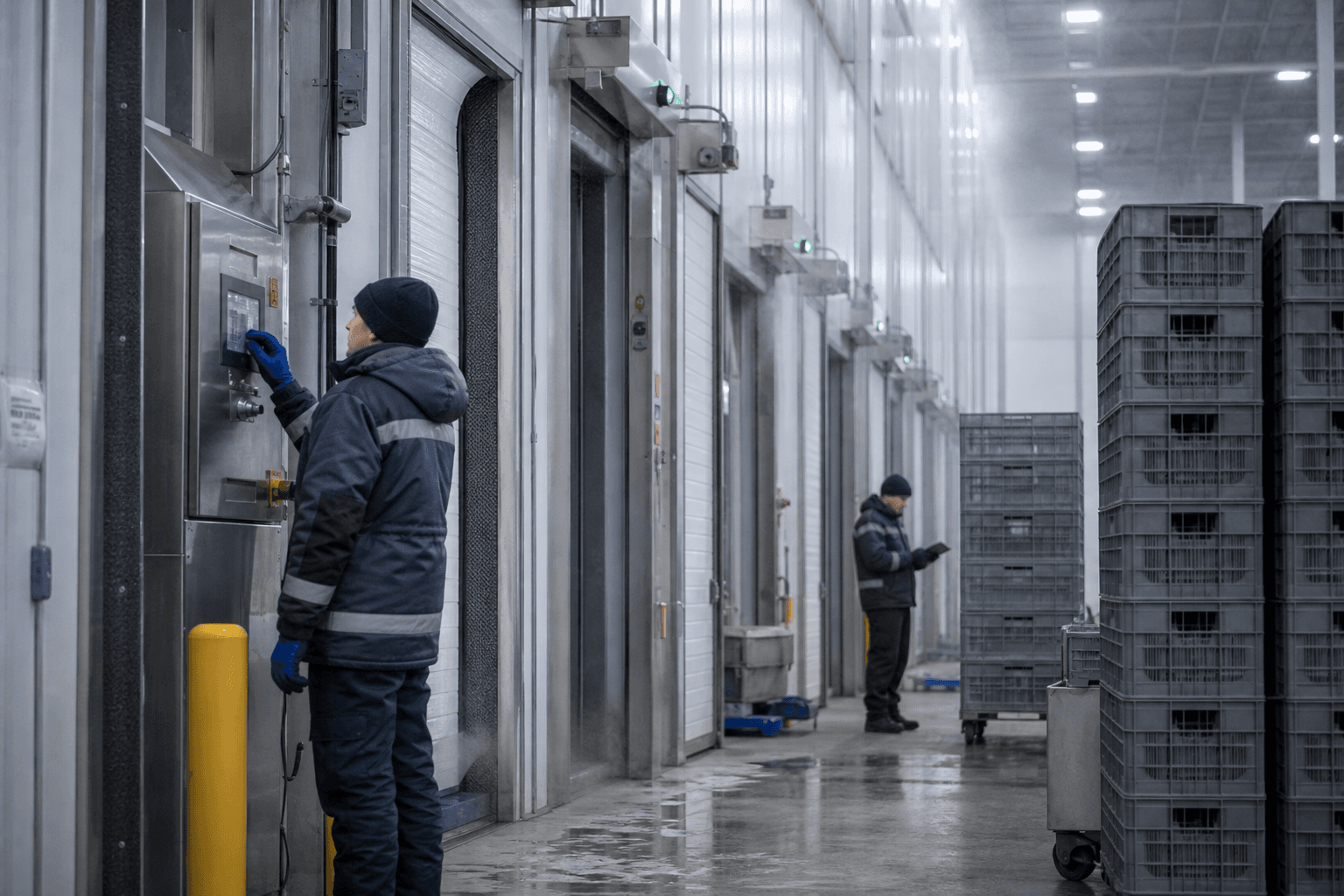 Technicians working in a refrigerated distribution centre