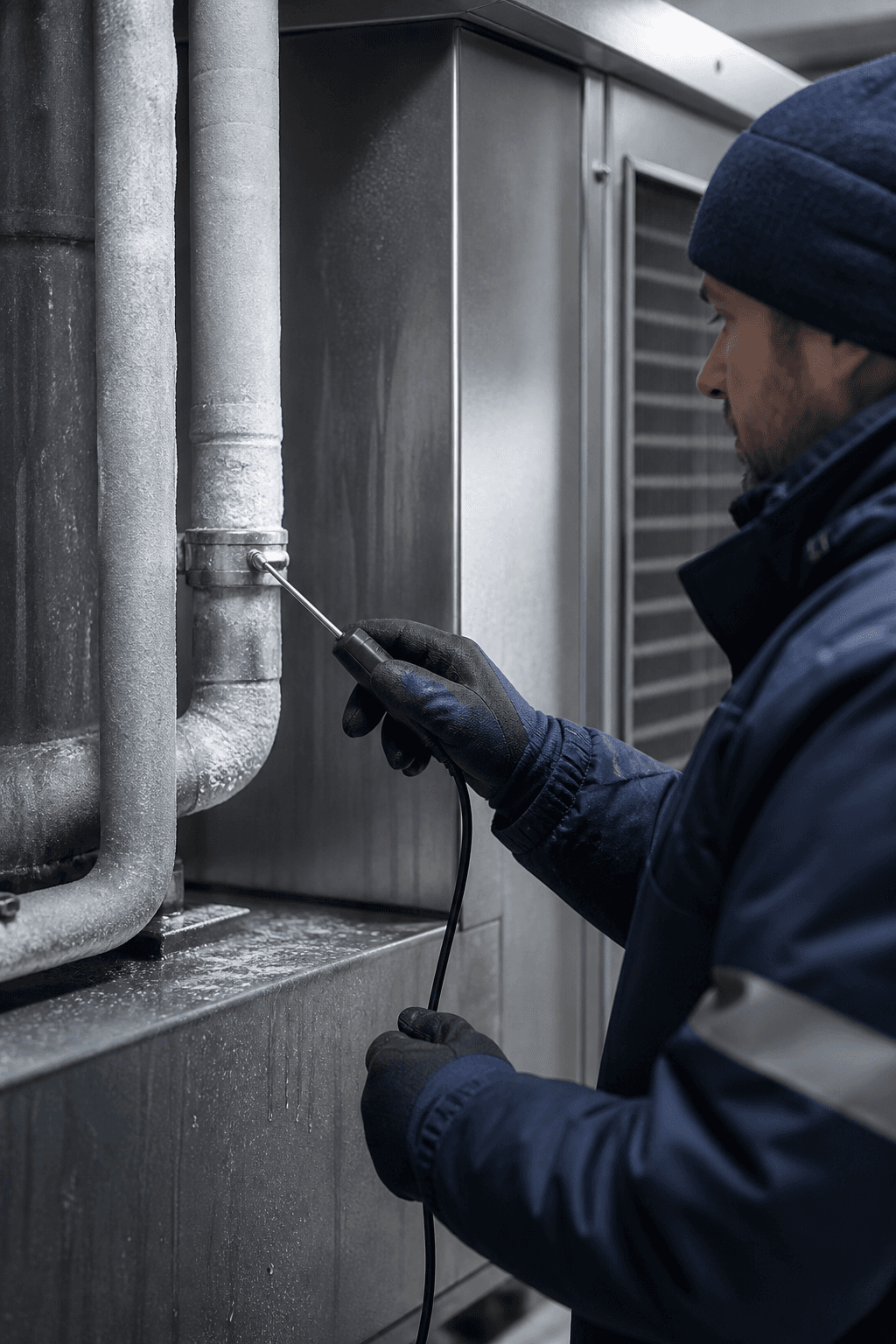 A technician inspecting refrigeration pipework with a temperature probe