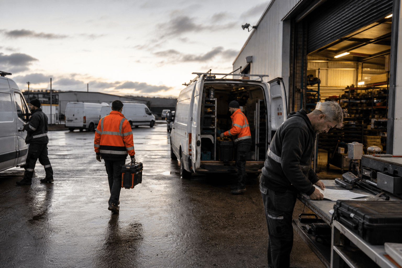 Engineers loading service vans at a regional depot in the morning