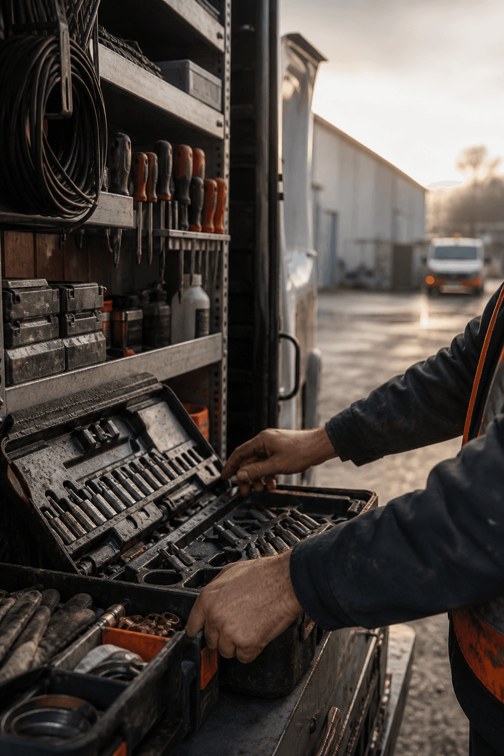 An engineer checking tools and parts inside a service van