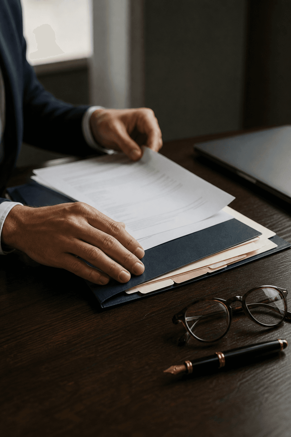 Hands arranging source documents in a review folder